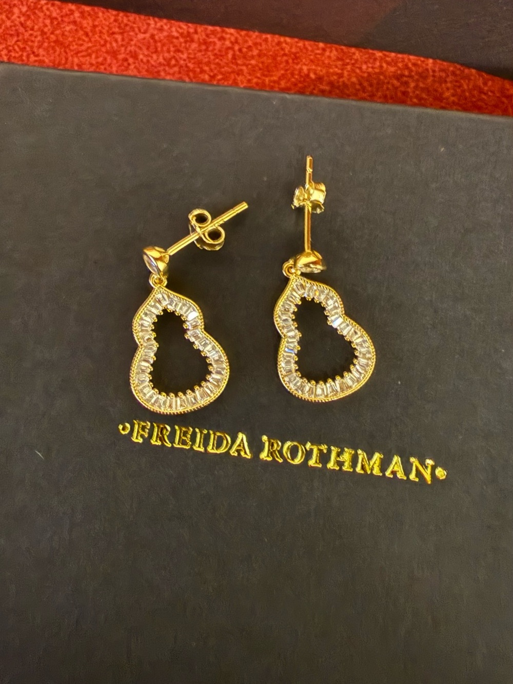 Gold Heart Outline Drop Earrings with Baguette Crystals